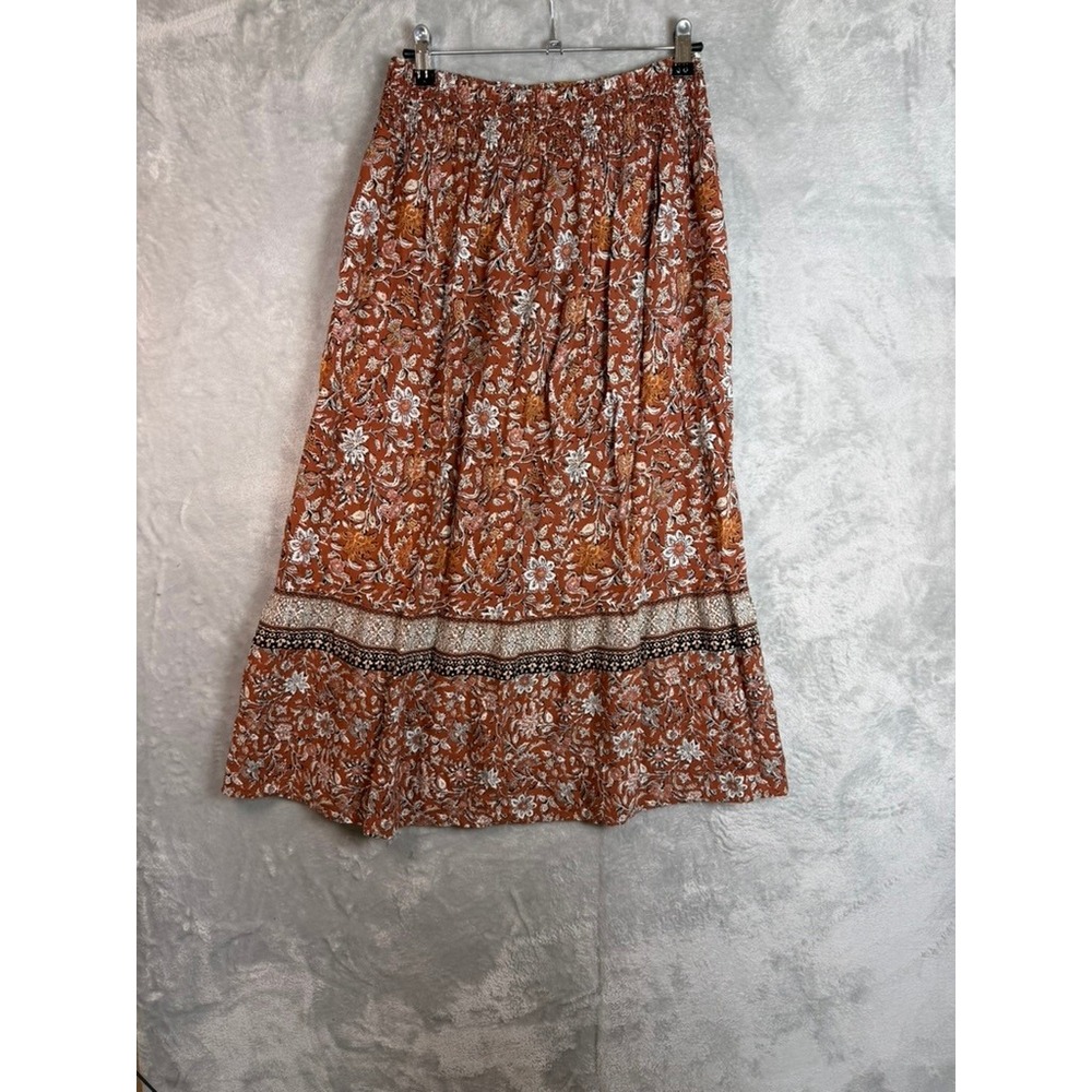 J. JILL Maxi Skirt Women XS Rust Floral Rayon Smocked Waist Boho Pull On